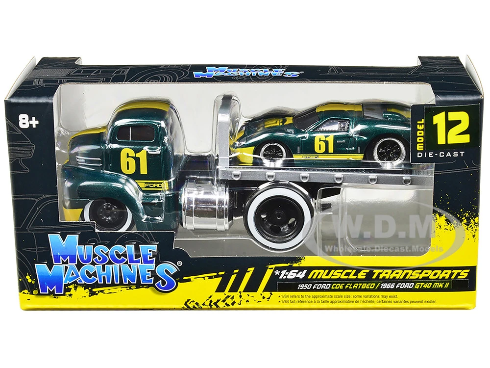 1950 Ford COE Flatbed Truck #61 And 1966 Ford GT40 MK II #61 Green Metallic With Yellow Stripes "Muscle Transports" Series 1/64 Diecast Models By Muscle Machines