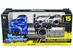 1950 Ford COE Flatbed Truck Blue "Cobra Powered By Ford" And 1964 Shelby Cobra #6 Silver Metallic With Stripes "Muscle Transports" Series 1/64 Diecast Model Cars By Muscle Machines