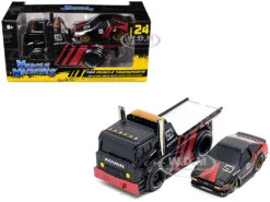 JDM Flatbed Truck #25 Black And Red And 1983-85 Toyota Trueno Sprinter (AE86) #25 Black And Red "Advan" Livery "Muscle Transports" Series 1/64 Diecast Models By Muscle Machines