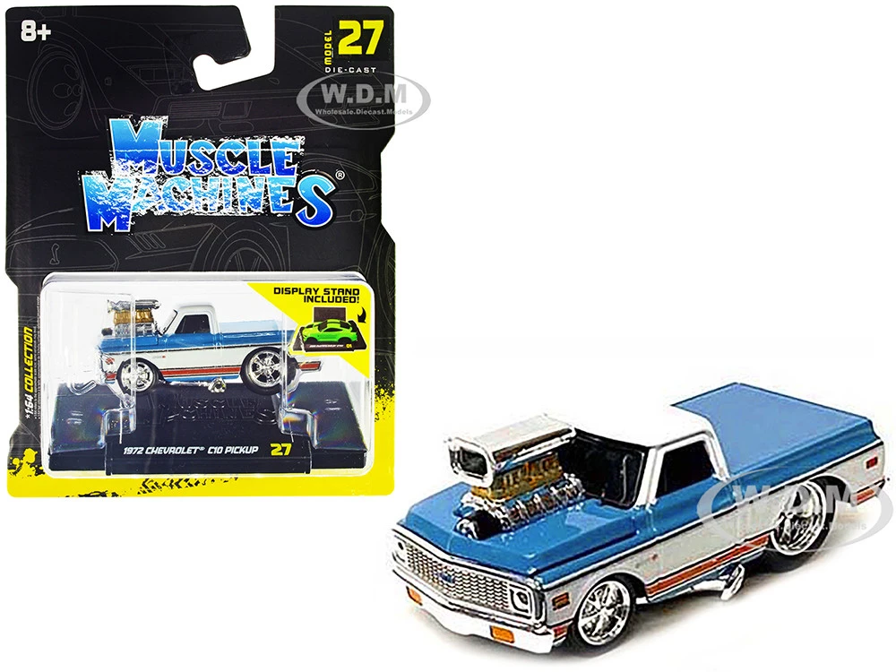 1972 Chevrolet C10 Pickup Truck Blue And White With Stripes 1/64 Diecast Model Car By Muscle Machines