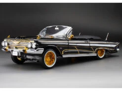 1961 Chevrolet Impala Open Convertible Lowrider Black With Gold Graphics "American Collectibles" Series 1/18 Diecast Model Car By Sun Star