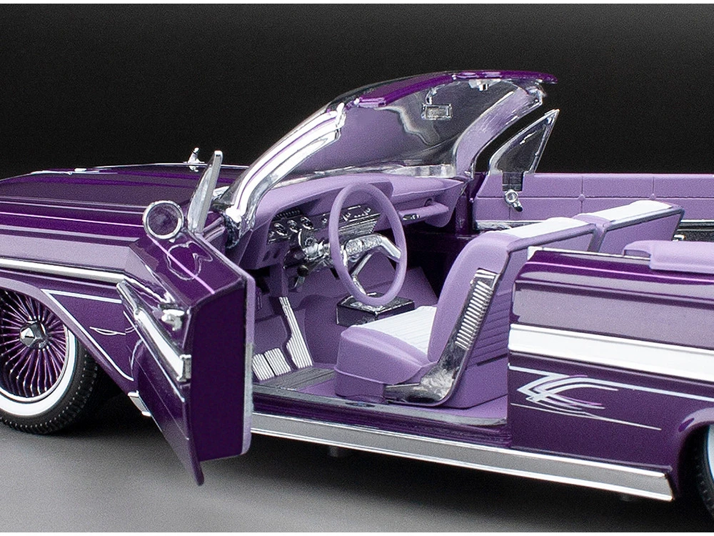 1961 Chevrolet Impala Open Convertible Lowrider Purple Metallic With Graphics "American Collectibles" Series 1/18 Diecast Model Car By Sun Star - Image 3