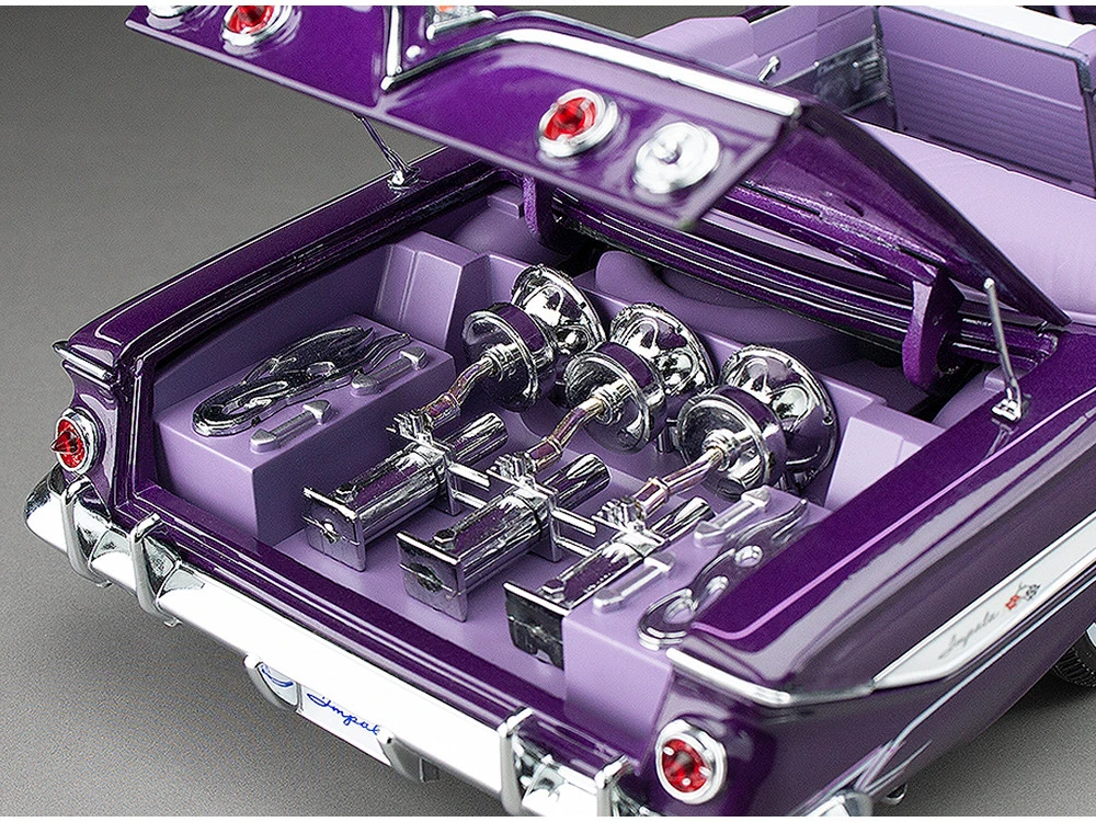 1961 Chevrolet Impala Open Convertible Lowrider Purple Metallic With Graphics "American Collectibles" Series 1/18 Diecast Model Car By Sun Star - Image 4