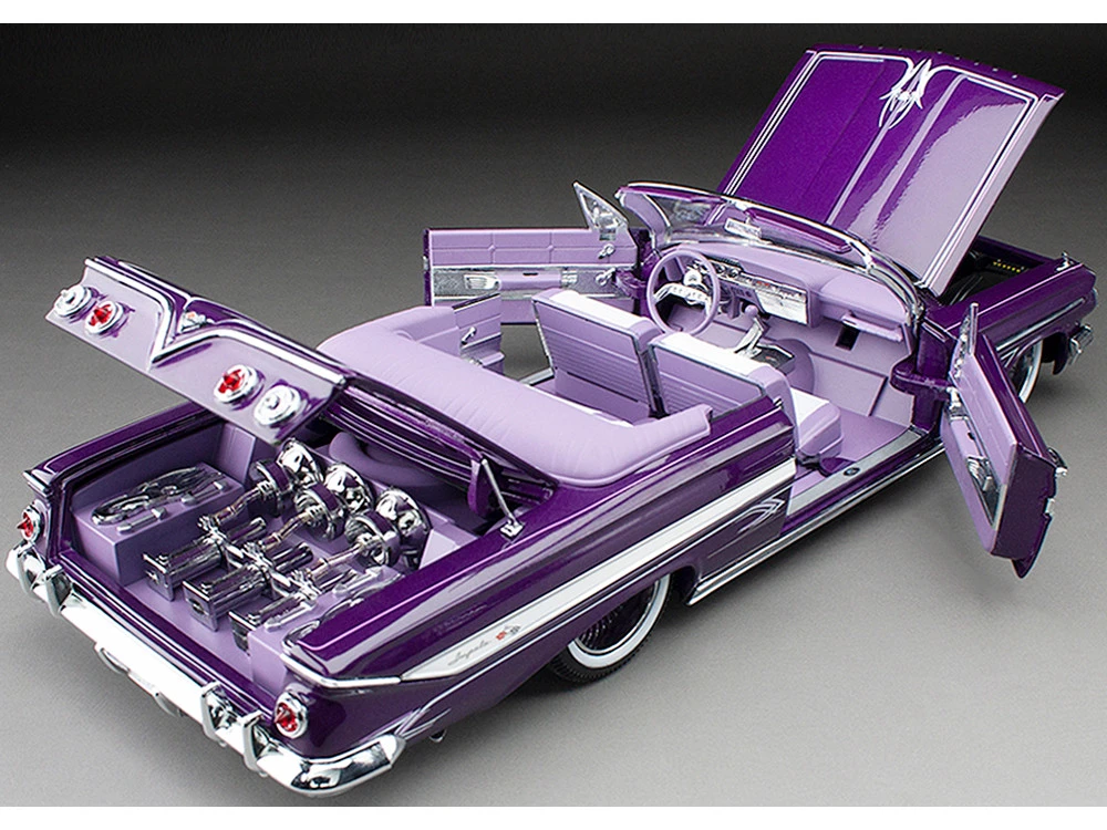 1961 Chevrolet Impala Open Convertible Lowrider Purple Metallic With Graphics "American Collectibles" Series 1/18 Diecast Model Car By Sun Star - Image 5