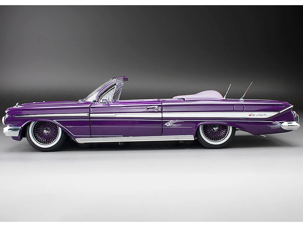 1961 Chevrolet Impala Open Convertible Lowrider Purple Metallic With Graphics "American Collectibles" Series 1/18 Diecast Model Car By Sun Star - Image 6