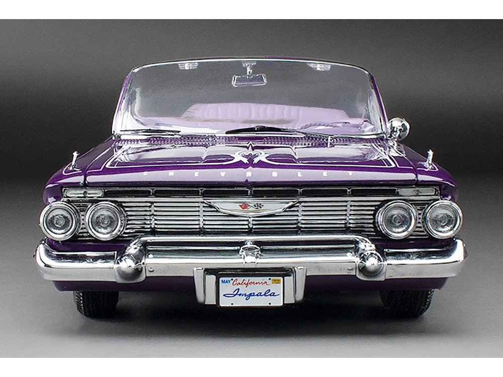 1961 Chevrolet Impala Open Convertible Lowrider Purple Metallic With Graphics "American Collectibles" Series 1/18 Diecast Model Car By Sun Star - Image 8