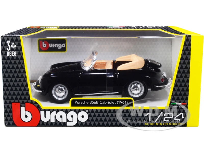 1961 Porsche 356 B Cabriolet Black 1/24 Diecast Model Car By Bburago - Image 6