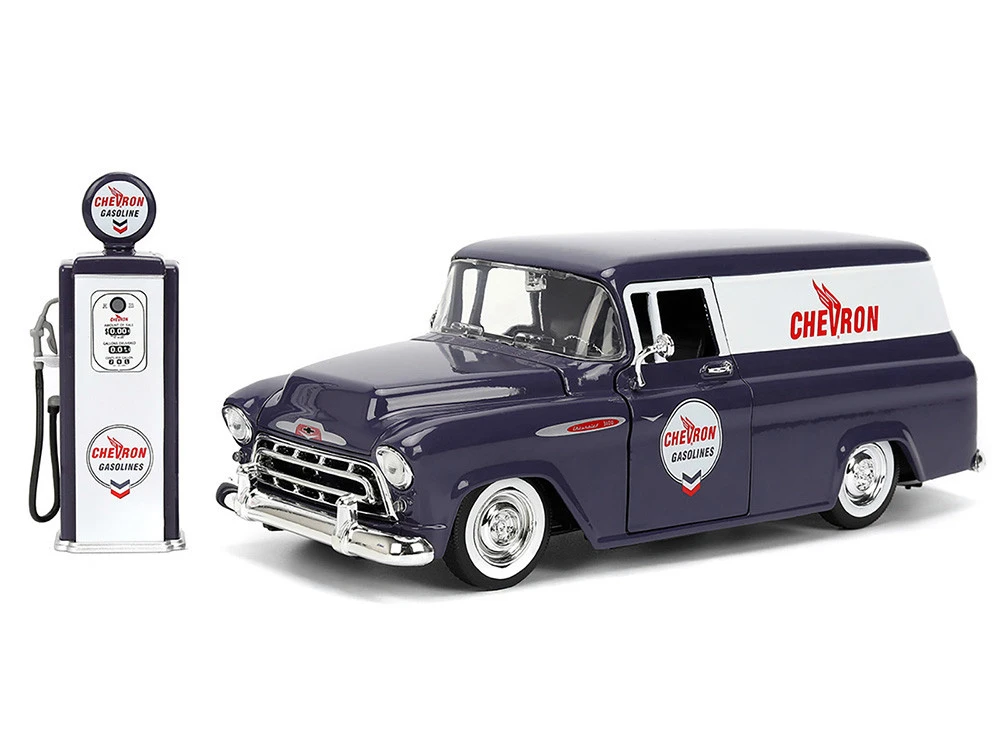 1957 Chevrolet Suburban "Chevron" Dark Blue With White Stripes And Chevron Gas Pump "Just Trucks" Series 1/24 Diecast Model Car By Jada