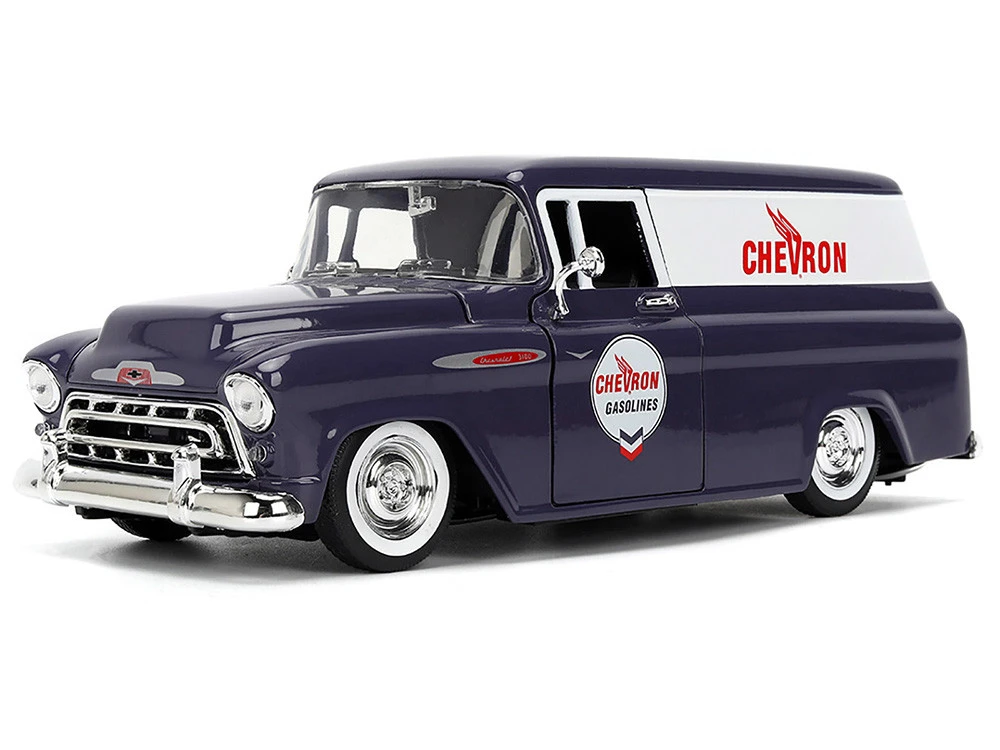 1957 Chevrolet Suburban "Chevron" Dark Blue With White Stripes And Chevron Gas Pump "Just Trucks" Series 1/24 Diecast Model Car By Jada - Image 3