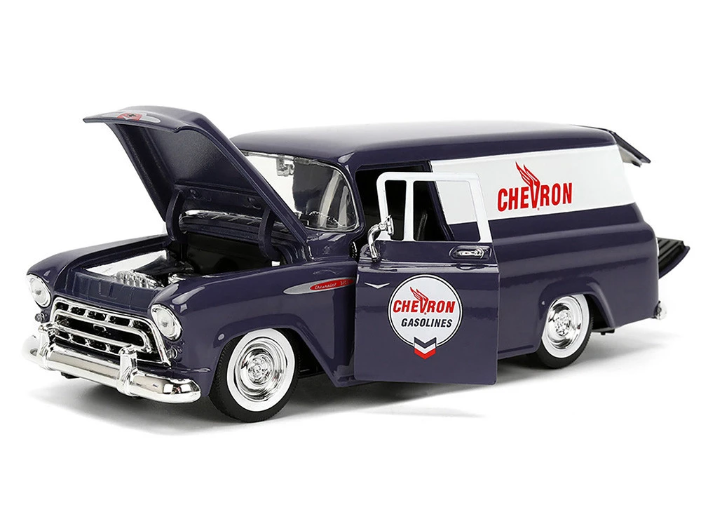 1957 Chevrolet Suburban "Chevron" Dark Blue With White Stripes And Chevron Gas Pump "Just Trucks" Series 1/24 Diecast Model Car By Jada - Image 4
