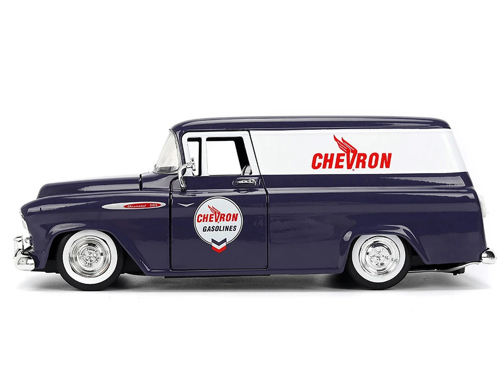 1957 Chevrolet Suburban "Chevron" Dark Blue With White Stripes And Chevron Gas Pump "Just Trucks" Series 1/24 Diecast Model Car By Jada - Image 5