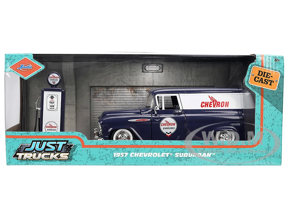1957 Chevrolet Suburban "Chevron" Dark Blue With White Stripes And Chevron Gas Pump "Just Trucks" Series 1/24 Diecast Model Car By Jada - Image 11