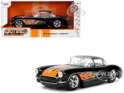 1957 Chevrolet Corvette Black With Flame Graphics And White Interior "Bigtime Muscle" Series 1/24 Diecast Model Car By Jada