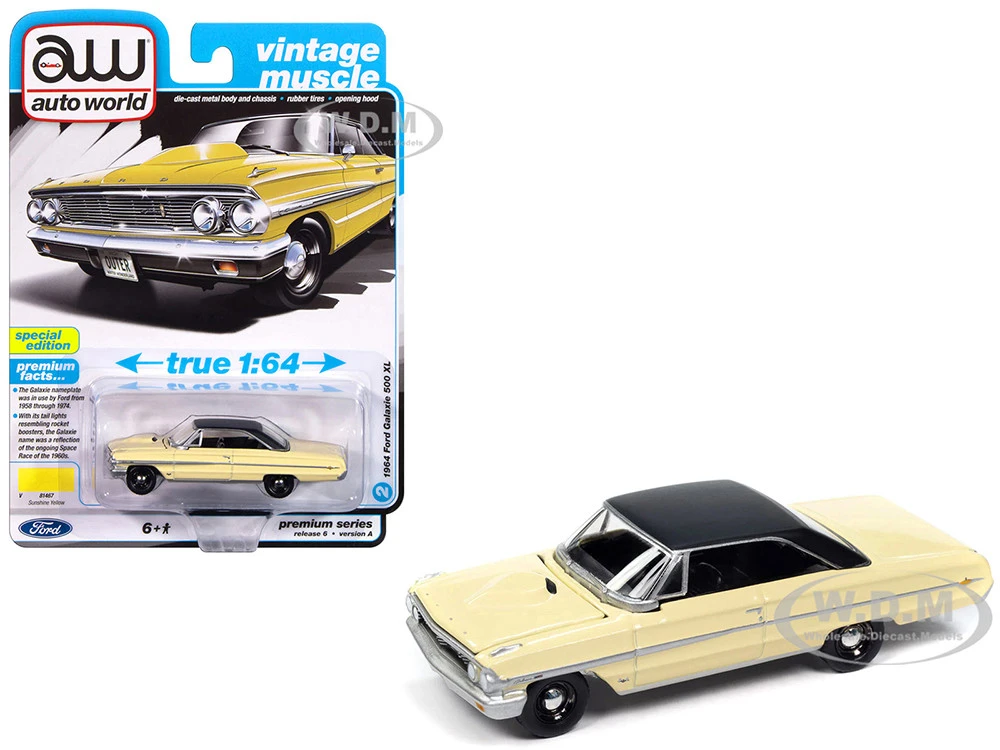 1964 Ford Galaxie 500 XL Sunshine Yellow With Black Top "Vintage Muscle" Series 1/64 Diecast Model Car By Auto World