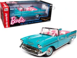 1957 Chevrolet Bel Air Convertible Aqua Blue With Pink Interior "Barbie" "Silver Screen Machines" 1/18 Diecast Model Car By Auto World