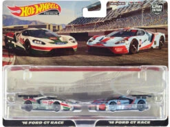2016 Ford GT Race #67 White With Green And Red Stripes And 2016 Ford GT Race #69 Light Blue Metallic With Orange Stripes "Car Culture" Set Of 2 Cars Diecast Model Cars By Hot Wheels