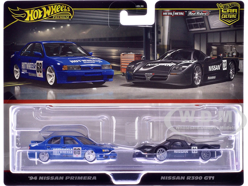 1994 Nissan Primera RHD (Right Hand Drive) #68 Blue And Nissan R390 GT1 #23 Matt Black "Car Culture" Set Of 2 Cars Diecast Model Cars By Hot Wheels