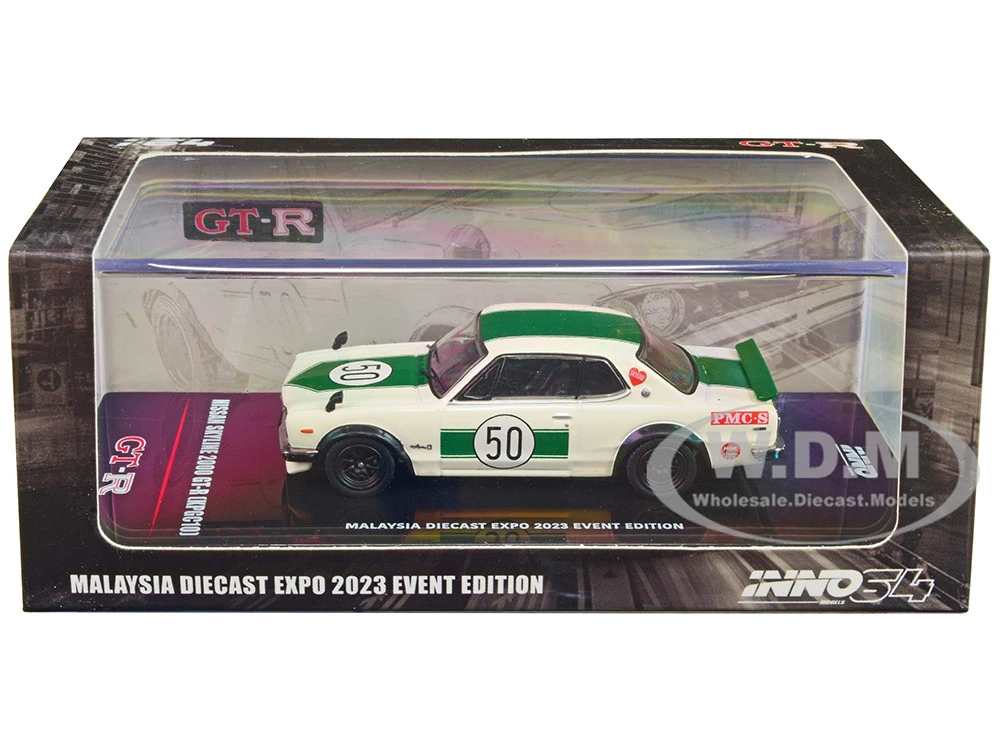 Nissan Skyline 2000 GT-R (KPGC10) #50 RHD (Right Hand Drive) White With Green Stripes "Malaysia Diecast Expo Event Edition" (2023) 1/64 Diecast Model Car By Inno Models