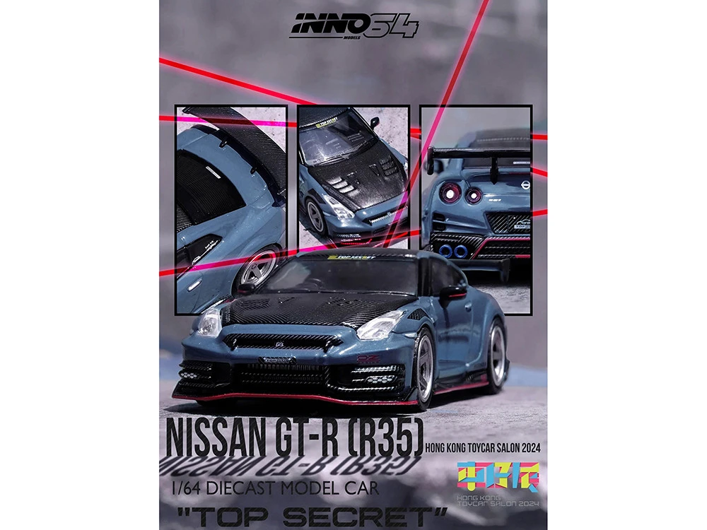 2024 Nissan GT-R (R35) Nismo "Top Secret" RHD (Right Hand Drive) Gray With Carbon Hood And Top "Hong Kong Toy Car Salon 2024 Special Edition" 1/64 Diecast Model Car By Inno Models - Image 4