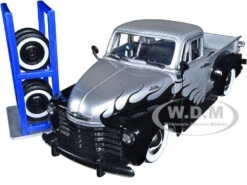 1953 Chevrolet 3100 Pickup Truck Silver Metallic With Black Flames With Extra Wheels "Just Trucks" Series 1/24 Diecast Model Car By Jada