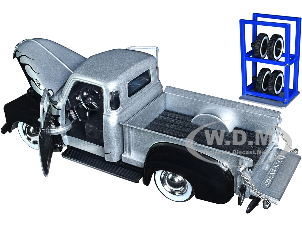 1953 Chevrolet 3100 Pickup Truck Silver Metallic With Black Flames With Extra Wheels "Just Trucks" Series 1/24 Diecast Model Car By Jada - Image 2