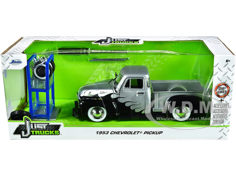 1953 Chevrolet 3100 Pickup Truck Silver Metallic With Black Flames With Extra Wheels "Just Trucks" Series 1/24 Diecast Model Car By Jada - Image 6