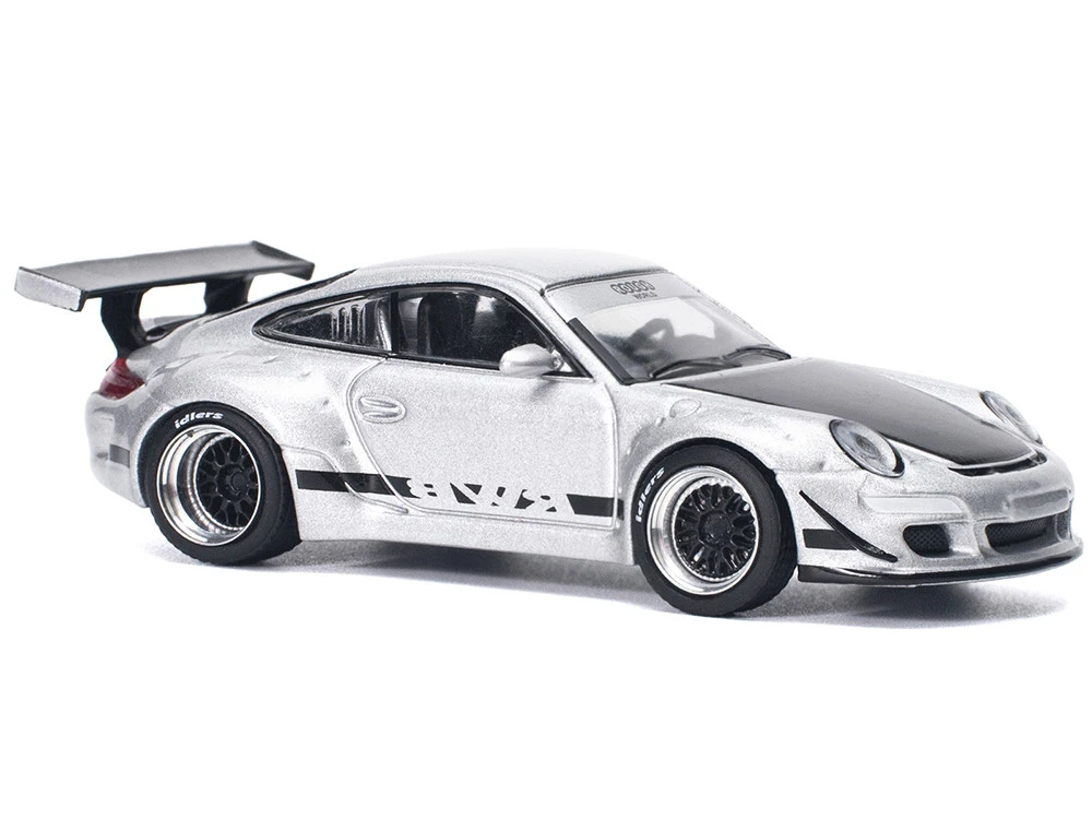 RWB 997 Silver Metallic With Black Stripes And Hood 1/64 Diecast Model Car By Pop Race - Image 2