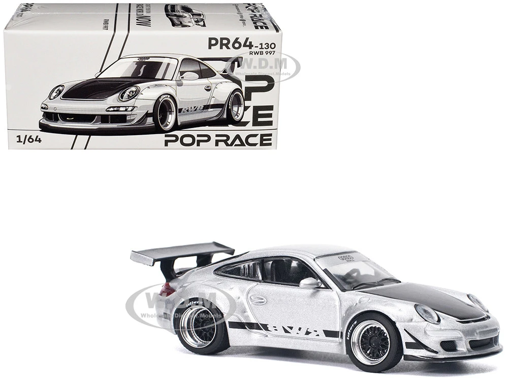 RWB 997 Silver Metallic With Black Stripes And Hood 1/64 Diecast Model Car By Pop Race