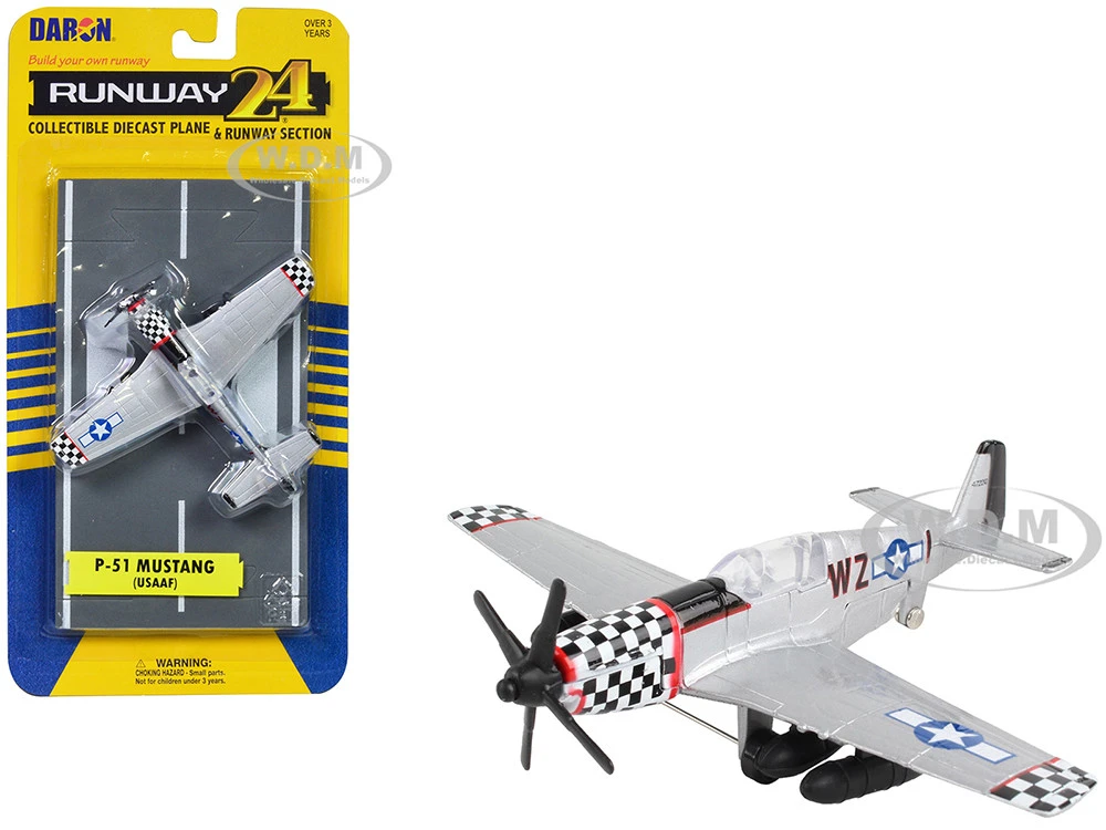 North American P-51 Mustang Fighter Aircraft Silver Metallic "United States Army Air Force" With Runway Section Diecast Model Airplane By Runway24
