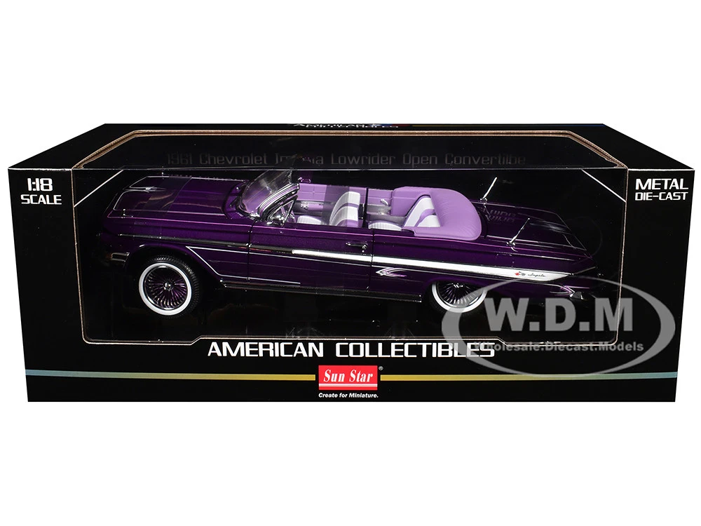 1961 Chevrolet Impala Open Convertible Lowrider Purple Metallic With Graphics "American Collectibles" Series 1/18 Diecast Model Car By Sun Star - Image 10