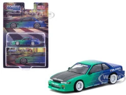 Nissan Silvia (S13) Vertex RHD (Right Hand Drive) "Falken Tires" Green And Blue Wuth Carbon Hood "Global64" Series 1/64 Diecast Model By Tarmac Works